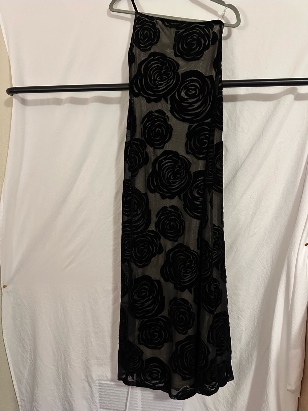 Commense Black Floral Flocked Mesh Maxi Dress